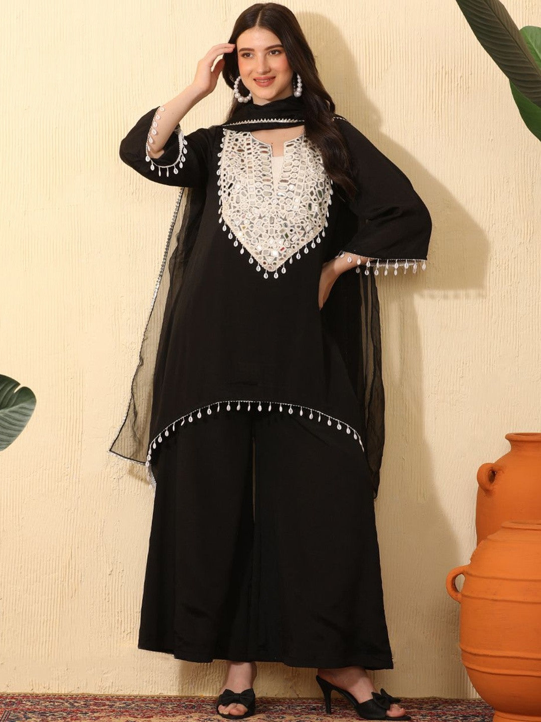 Dhiyona SN Women Embroidered Layered Mirror Work Kurta with Palazzos & With Dupatta