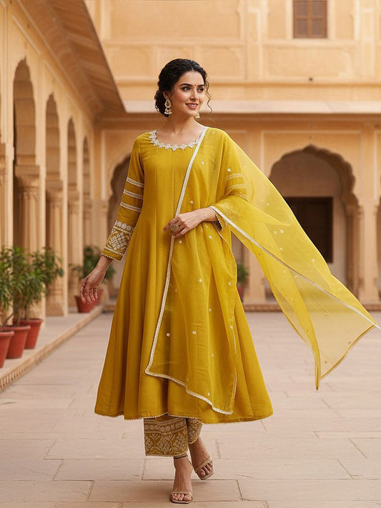 Dhiyona KL Embroidered Thread Work Kurta with Palazzos & Dupatta