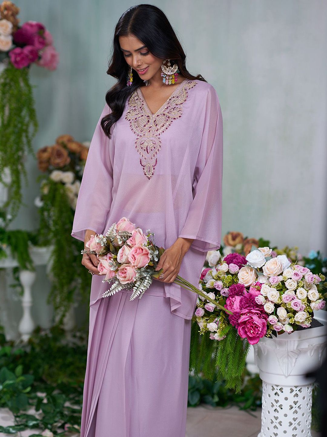 Dhiyona CH Women Embroidered A-line Kurta with Blouse and Skirt