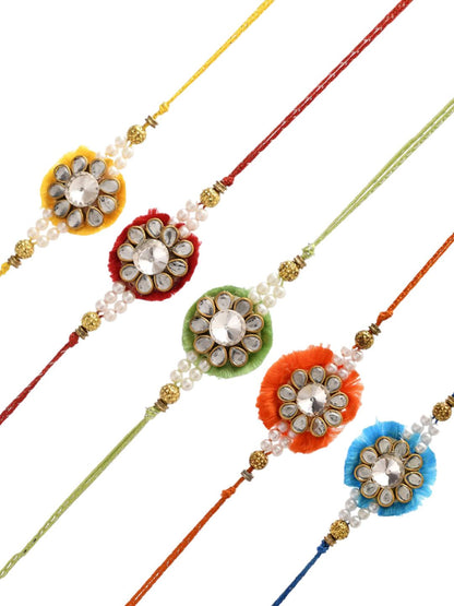 Dhiyona Green Set Of 5 Kundan & Pearl Beaded Thread Rakhis With Roli Chawal & Greeting Card