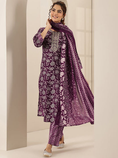 Floral Printed Round Neck Mirror Work Straight Kurta With Trousers & Dupatta