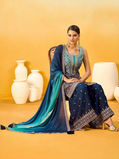 Dhiyona KL Women Ethnic Motifs Regular Thread Work Kurta with Sharara & With Dupatta