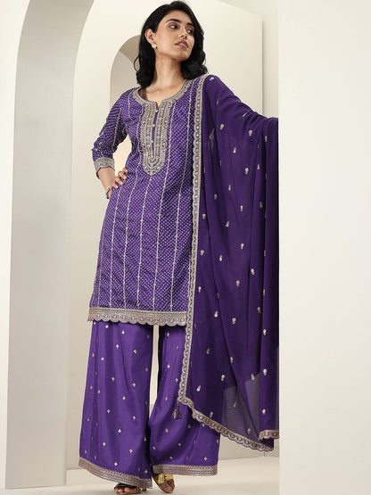 Dhiyona LL Bandhani Printed Sweetheart Neck Straight Kurta With Palazzos & Dupatta
