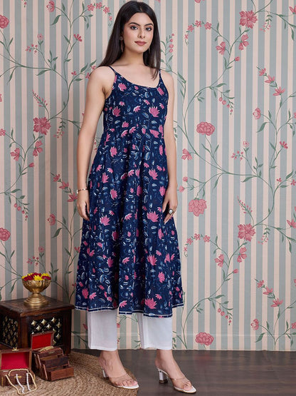 Dhiyona OD  Floral Printed Shoulder Straps Anarkali Pure Cotton Kurta