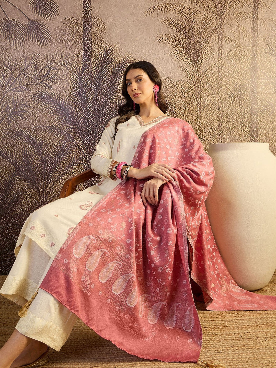 Woven Design V-Neck Straight Kurta With Trousers & Dupatta