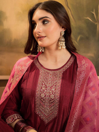 Zari & Sequin Embroidered A-Line Kurta & Trousers With Dupatta
