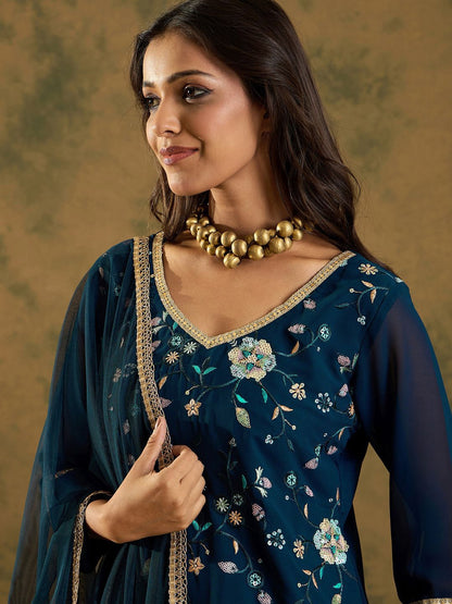 Dhiyona IE Floral Embroidered Thread Work Regular Sleeves V-Neck Georgette Kurta Set