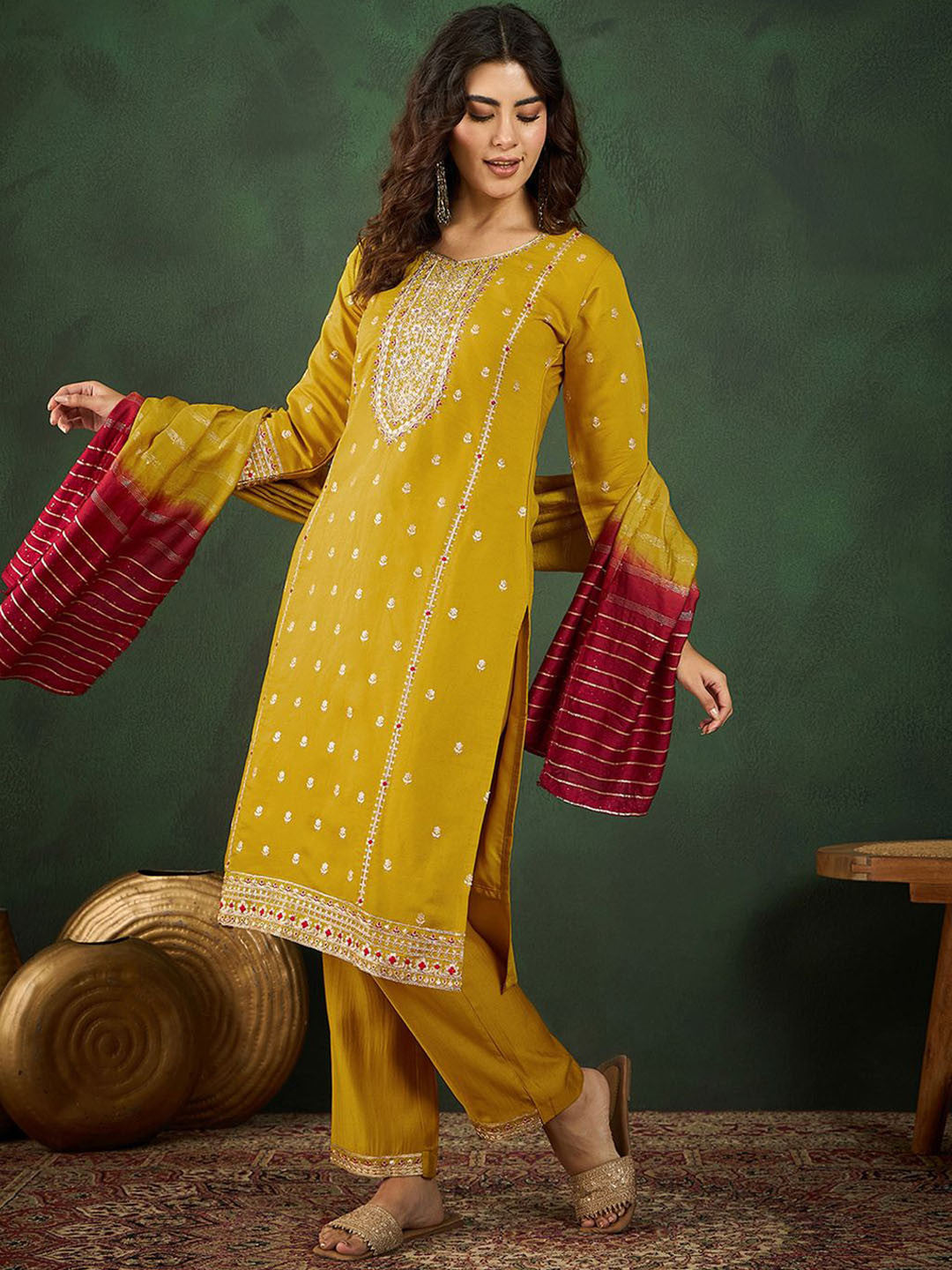 V Neck Embroidered Straight Kurta Set