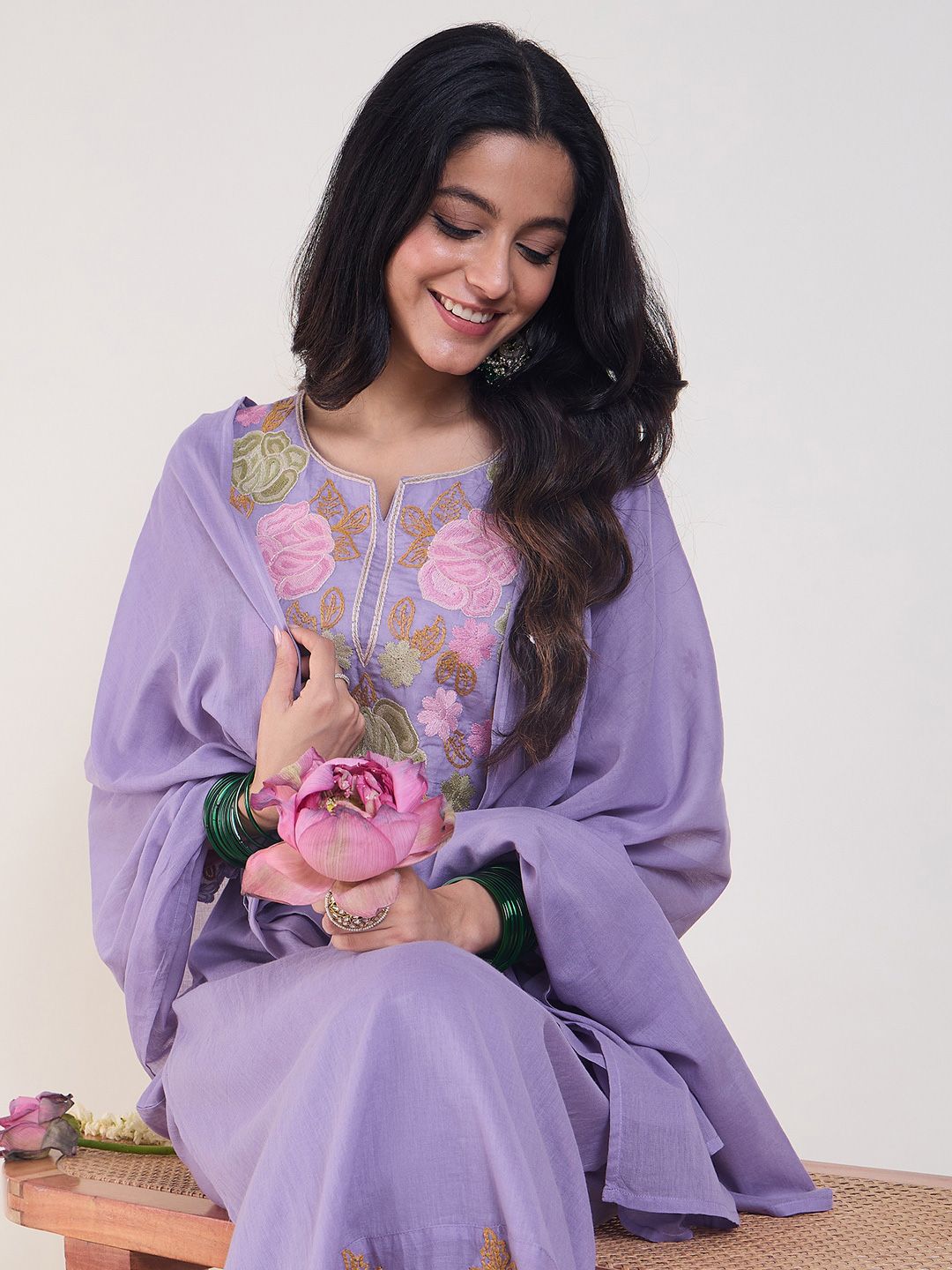 Dhiyona IE Floral Embroidered Notch Neck Pure Cotton Kurta & Trousers With Dupatta