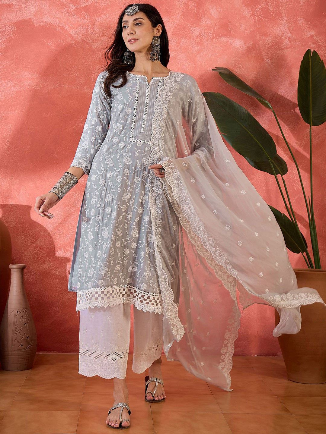 Women Floral Embroidered Cotton Kurta with Trousers & Dupatta