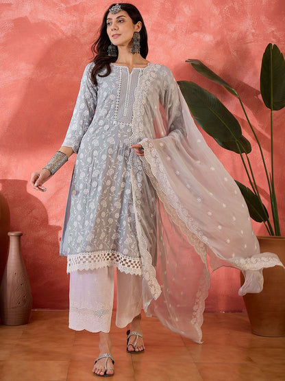 Women Floral Embroidered Cotton Kurta with Trousers & Dupatta
