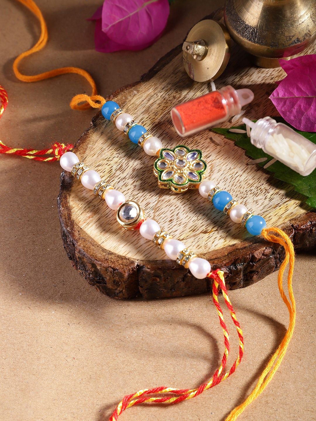 Dhiyona Unisex Set of 2 Beaded Bhai Bhabhi Rakhis With Roli & Chawal