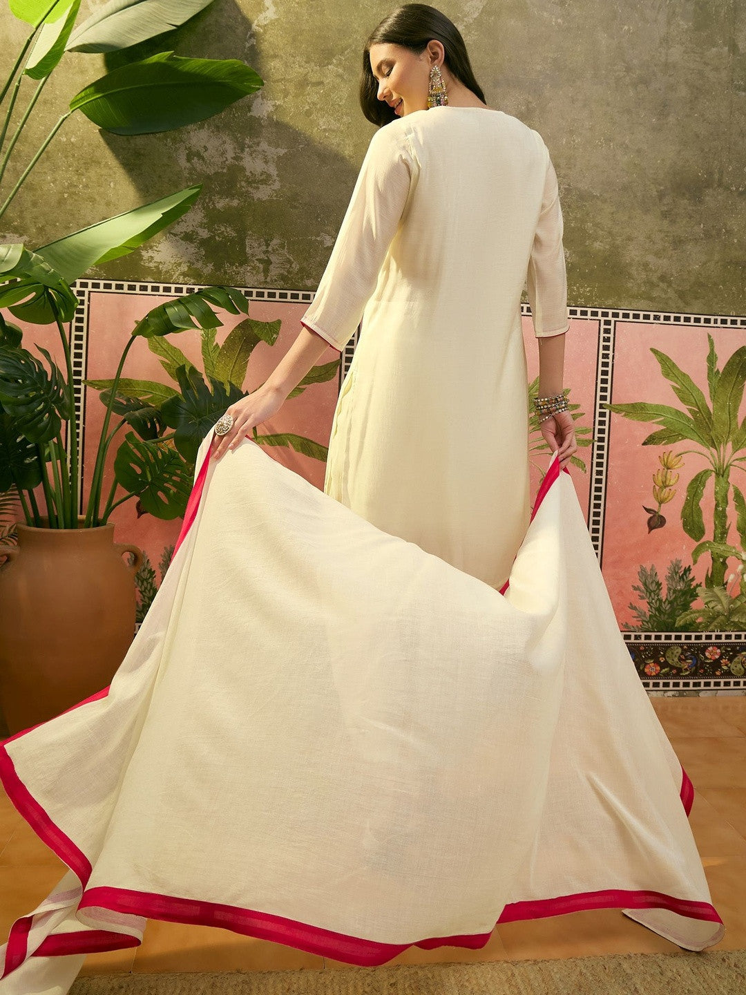 Embroidered Pure Cotton Round Neck Kurta & Trousers With Dupatta