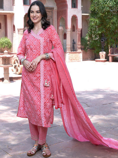 Peach Bandhani Printed V Neck Pure Cotton Angrakha Kurta With Trouser And Dupatta