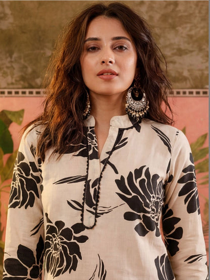 Printed Pure Cotton Mandarin Collar Kurta & Trousers