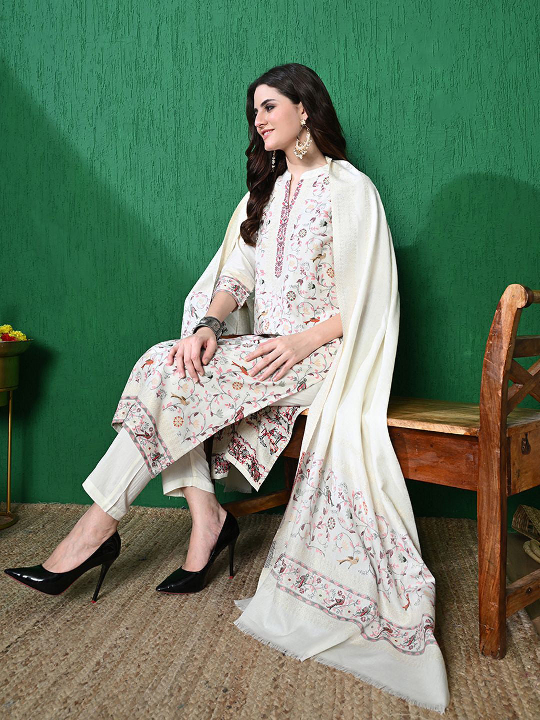 Floral Woven Design Winter Pashmina Kurta & Trouser With Dupatta