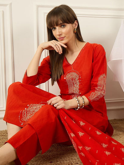 Floral Printed Thread Work Pure Cotton Kurta With Palazzos