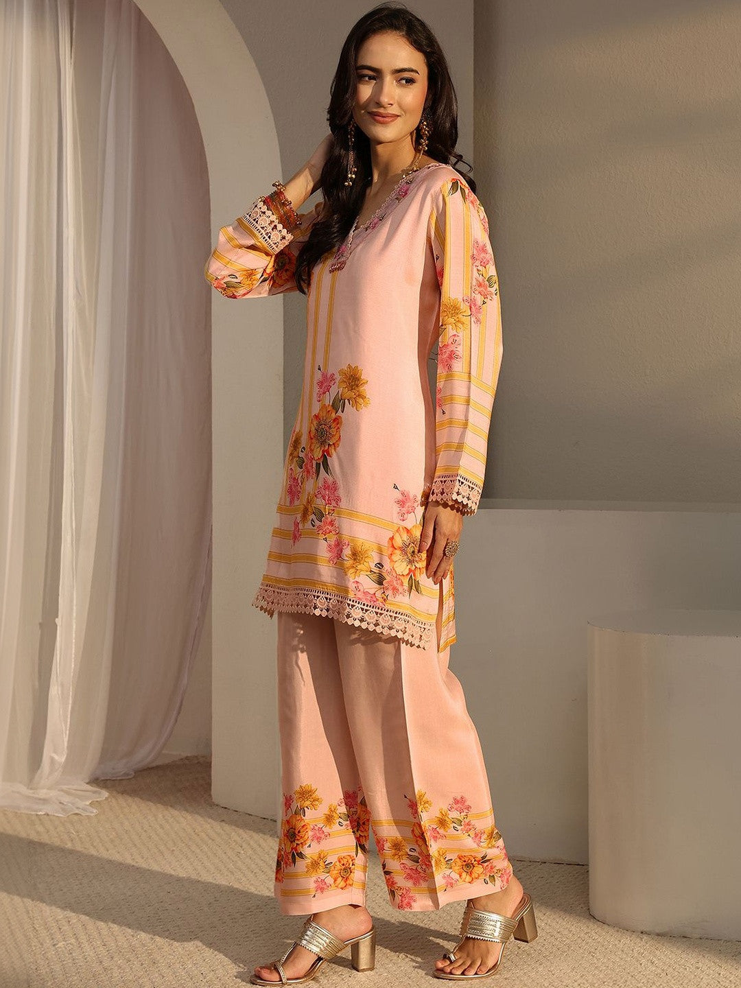Peach Floral Printed Straight Kurta Set