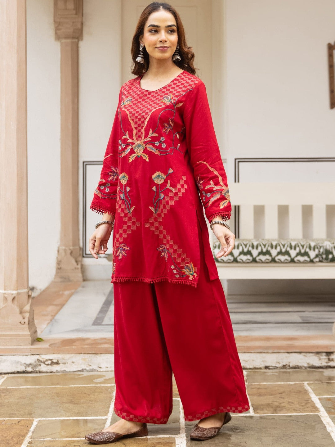 Embroidered Round Neck Kurti & Palazzos
