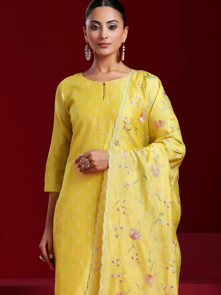 Women's LB Art Yellow Embroidered Chanderi Silk Straight Suit With Dupatta