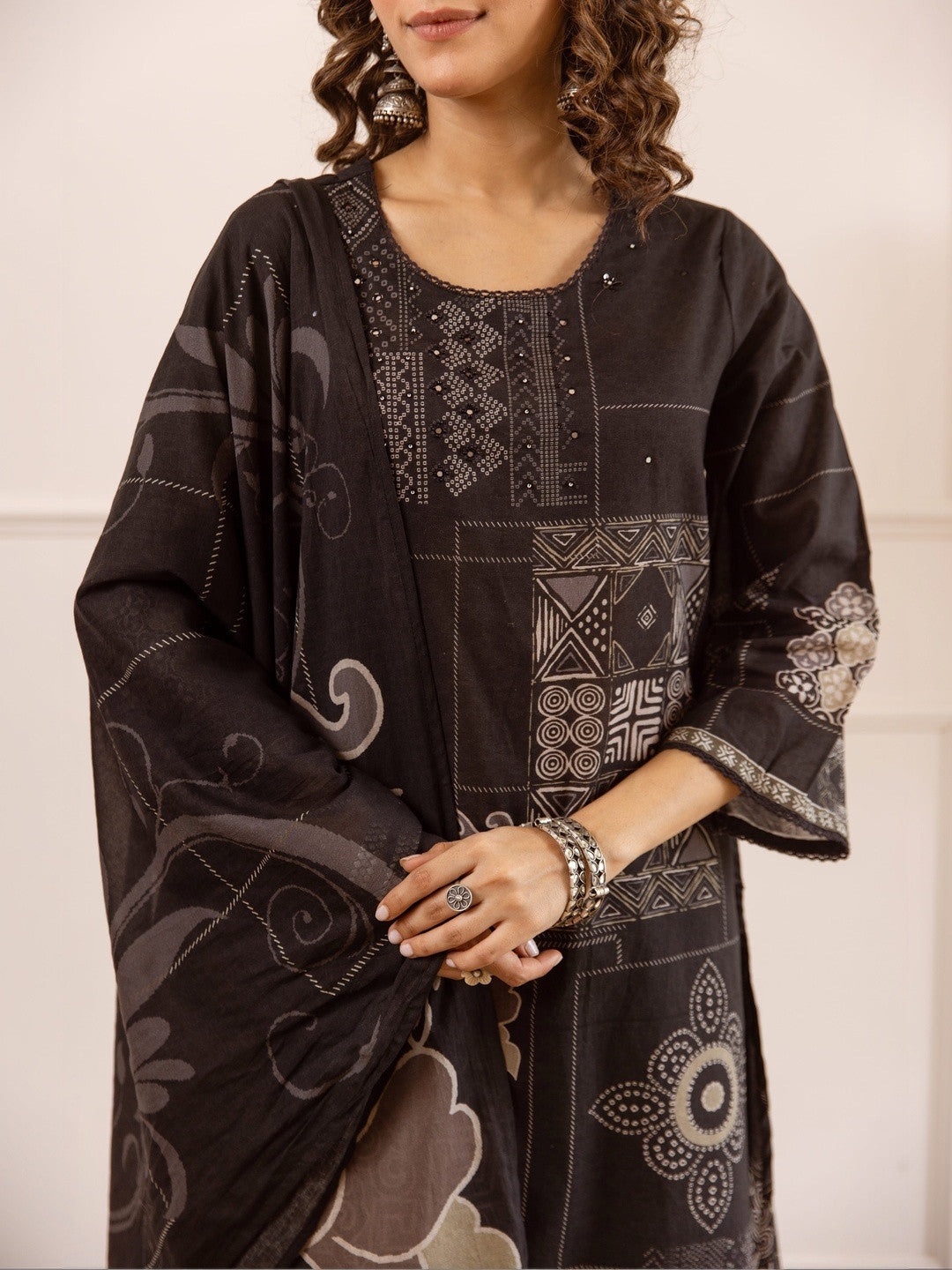 Printed Cotton Round Neck Kurta & Palazzos With Dupatta Kurta Set