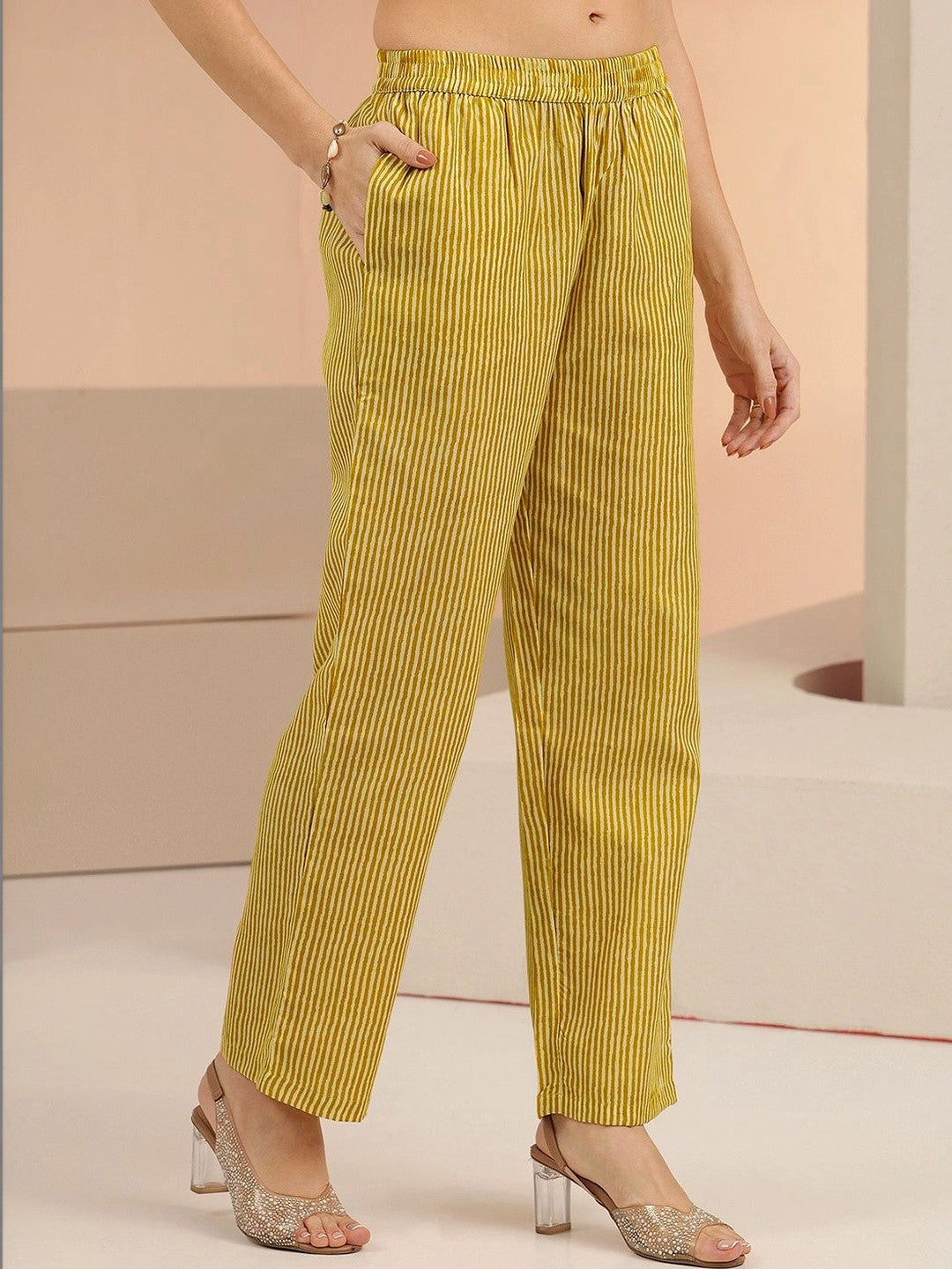 Mustard Floral Printed Cotton Blend Straight Suit Set