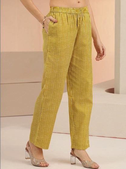 Mustard Floral Printed Cotton Blend Straight Suit Set