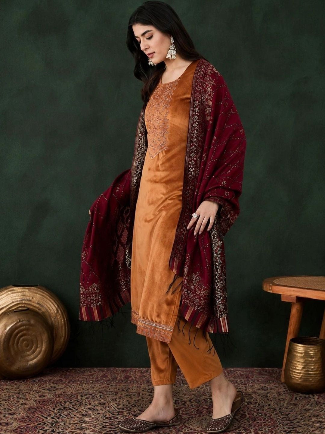 Women Tan Floral Embroidered Sequinned Velvet Kurta & Trouser With Dupatta