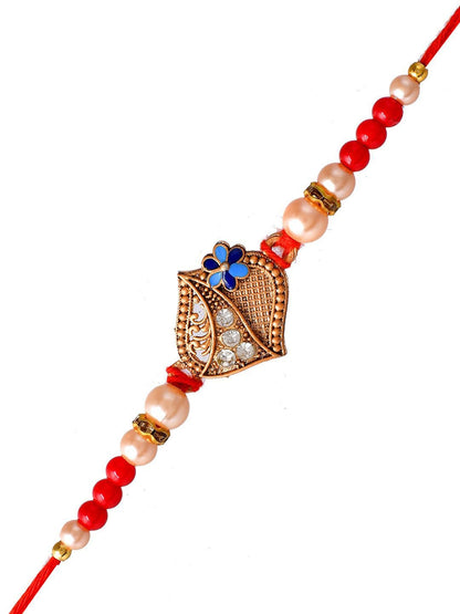 Dhiyona Gold-Toned Stone-Studded & Beaded Rakhi With Roli Chawal & Greeting Card