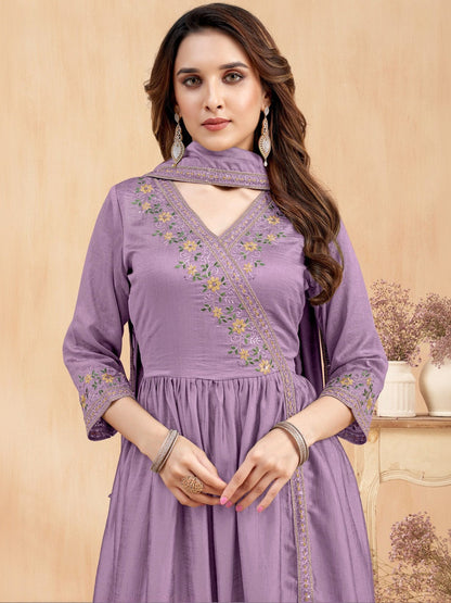 Embroidered V-Neck Kurta & Palazzos With Dupatta