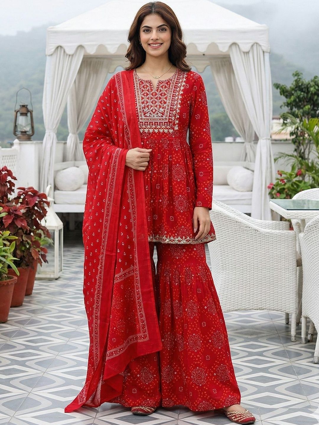 Dhiyona AN Women Ethnic Motifs Printed Empire Thread Work Pure Cotton Kurta with Sharara & With Dupatta