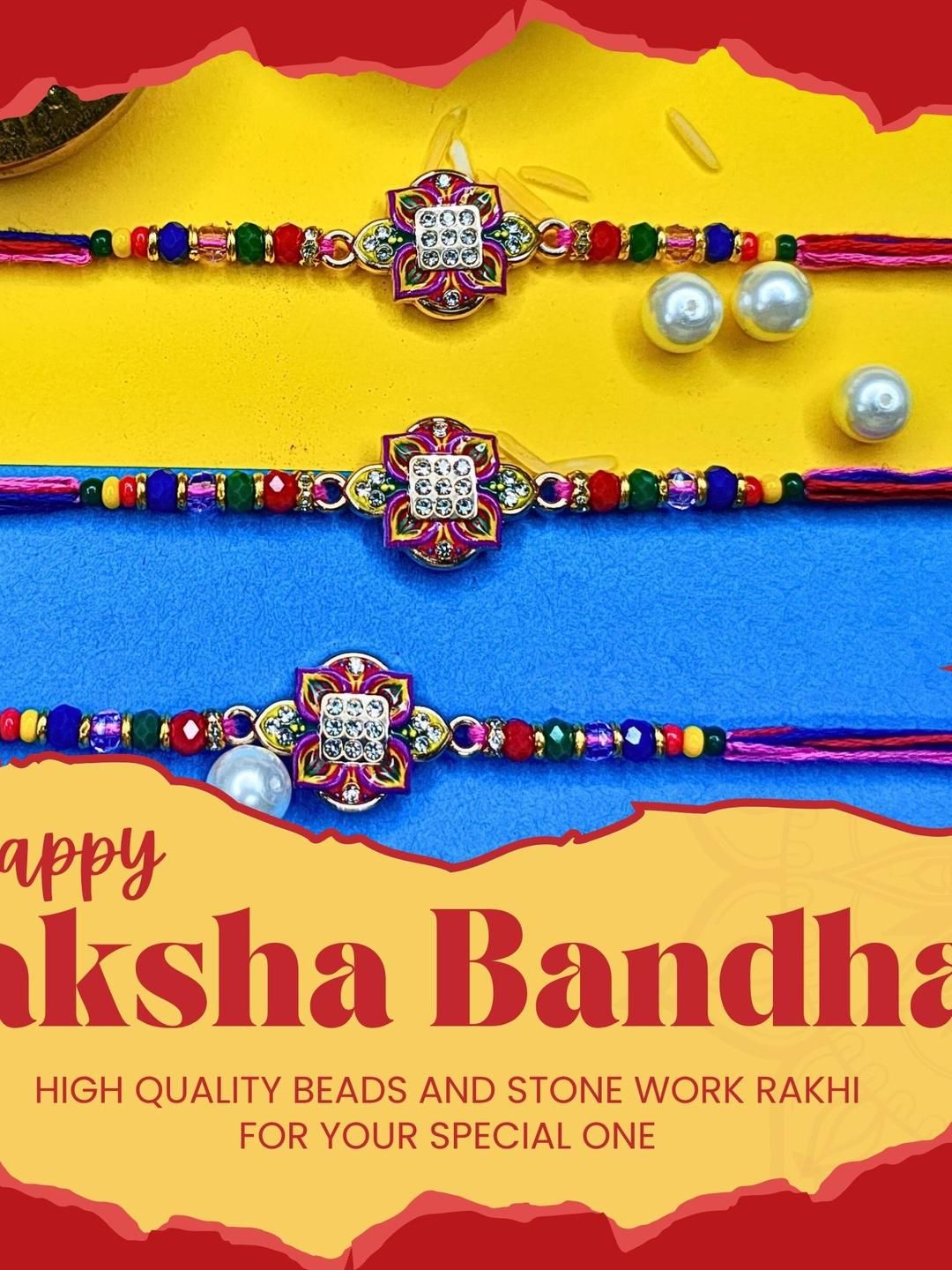 Dhiyona Set Of 3 Beaded Cotton Thread with AD Stones & Meenakari Designer Rakhi for Brother