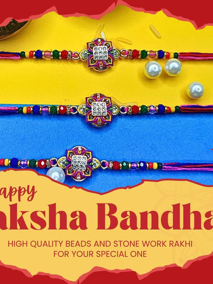 Dhiyona Set Of 3 Beaded Cotton Thread with AD Stones & Meenakari Designer Rakhi for Brother