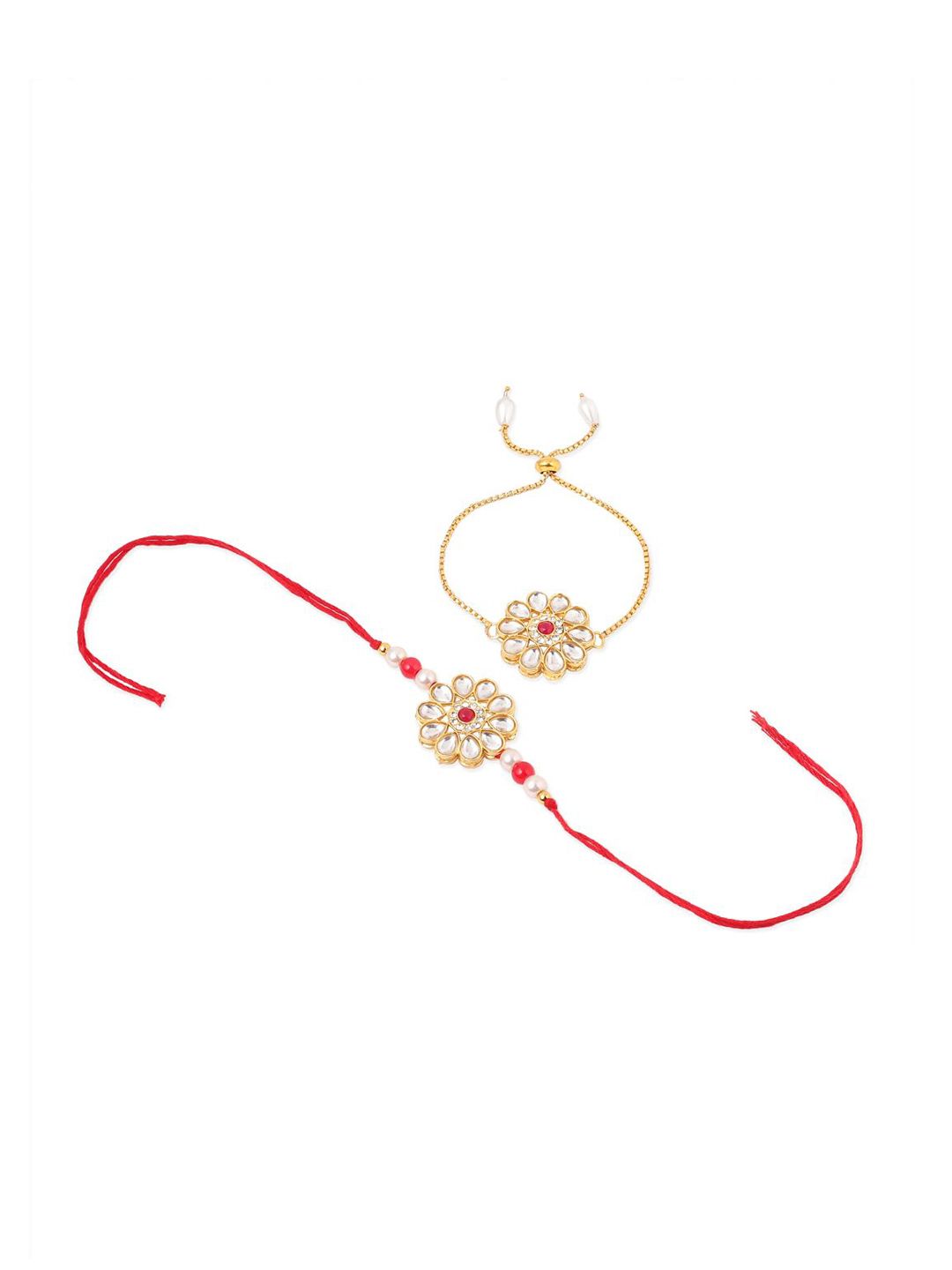 Dhiyona Set Of 2 Gold Toned Kundan Floral Design Bhaiya Bhabhi Rakhi Set With Roli Chawal
