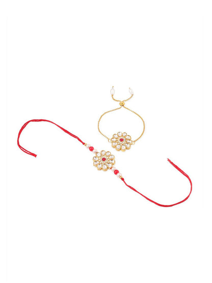 Dhiyona Set Of 2 Gold Toned Kundan Floral Design Bhaiya Bhabhi Rakhi Set With Roli Chawal