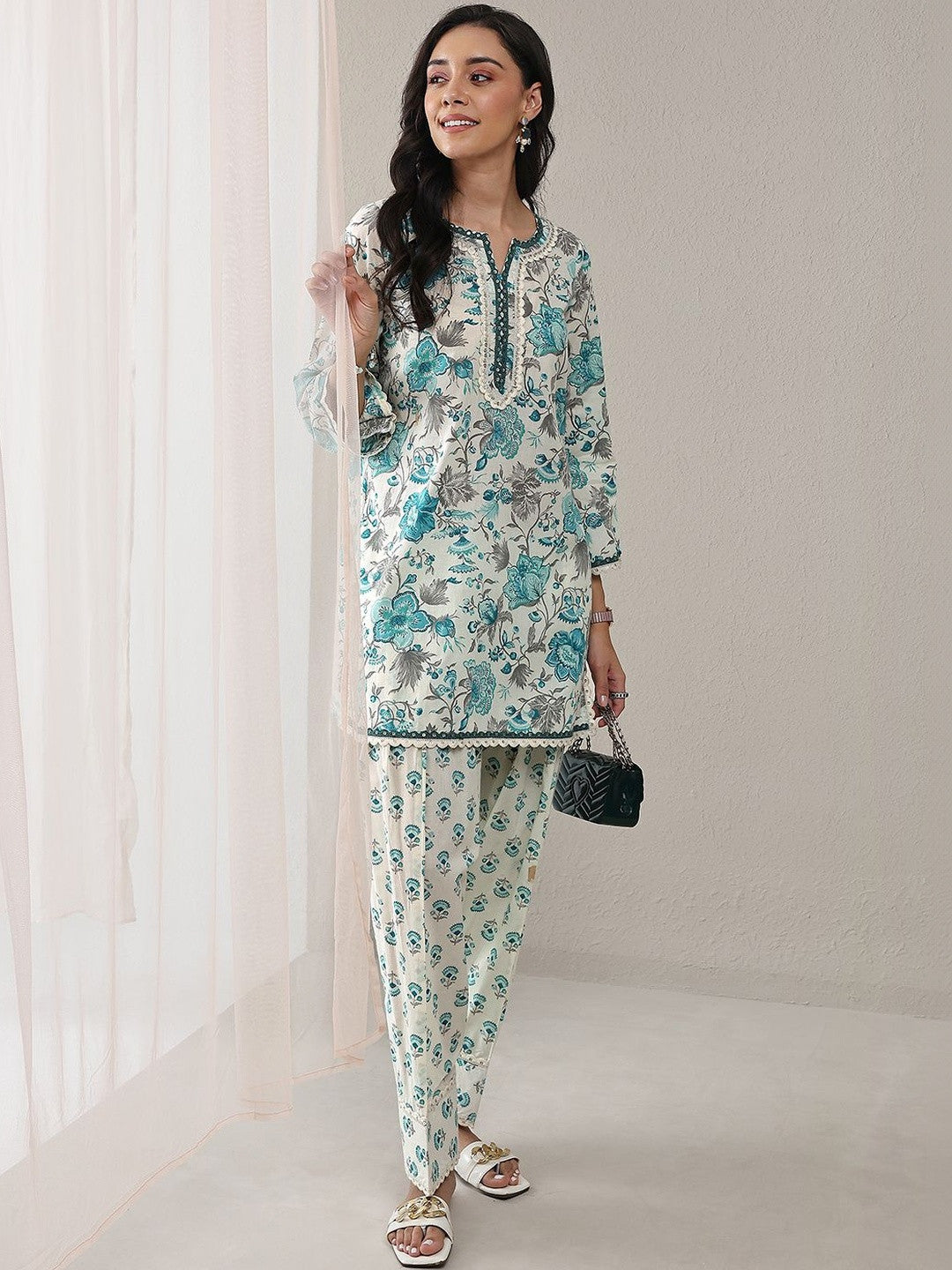 Blue Floral Printed Cotton Straight Kurta Set