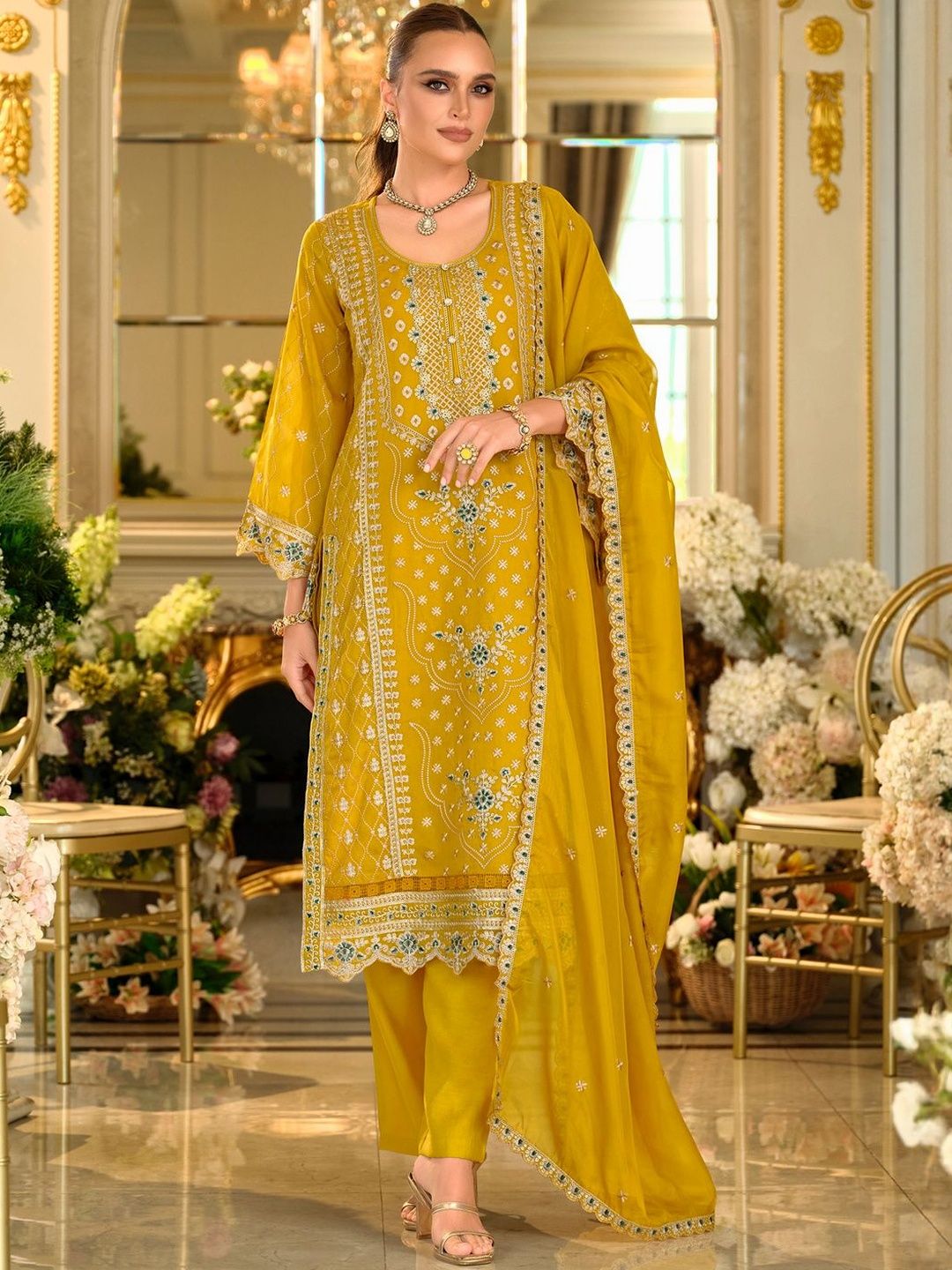 Dhiyona IE Women Ethnic Motifs Embroidered Kurta with Trousers & Dupatta