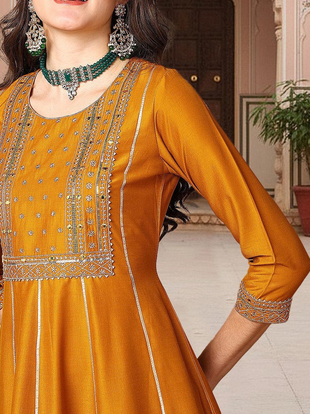 Dhiyona KL Ethnic Motifs Embroidered Panelled Gotta Patti Kurta & Palazzos With Dupatta