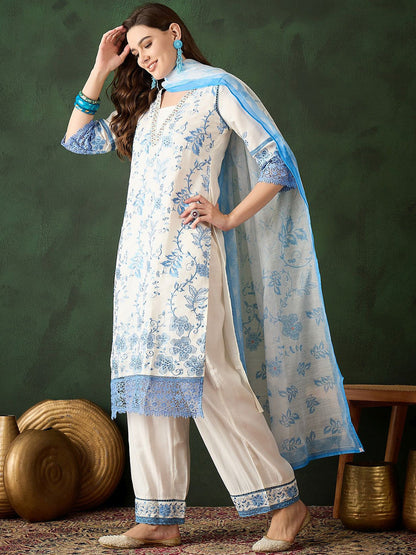 Blue Floral Embroidered Thread Work Straight Kurta With Trouser & Dupatta