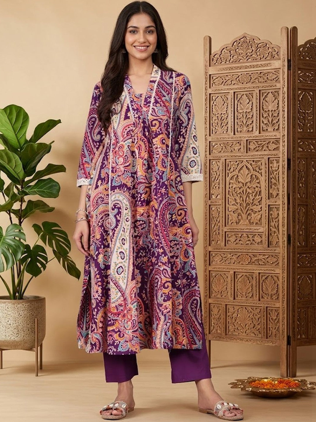 Printed V-Neck A-Line Kurta & Trousers