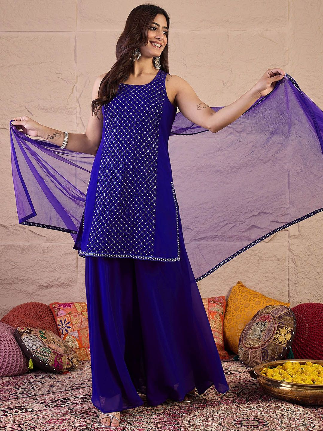 Dhiyona IN Embroidered Round Neck Sequinned Georgette Kurta With Palazzos & Dupatta