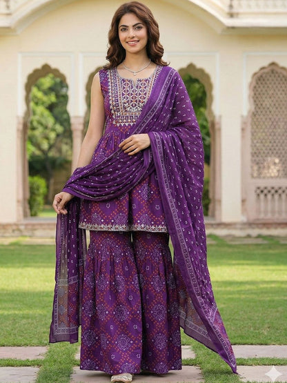 Dhiyona AN Women Ethnic Motifs Printed Empire Thread Work Pure Cotton Kurta with Sharara & With Dupatta