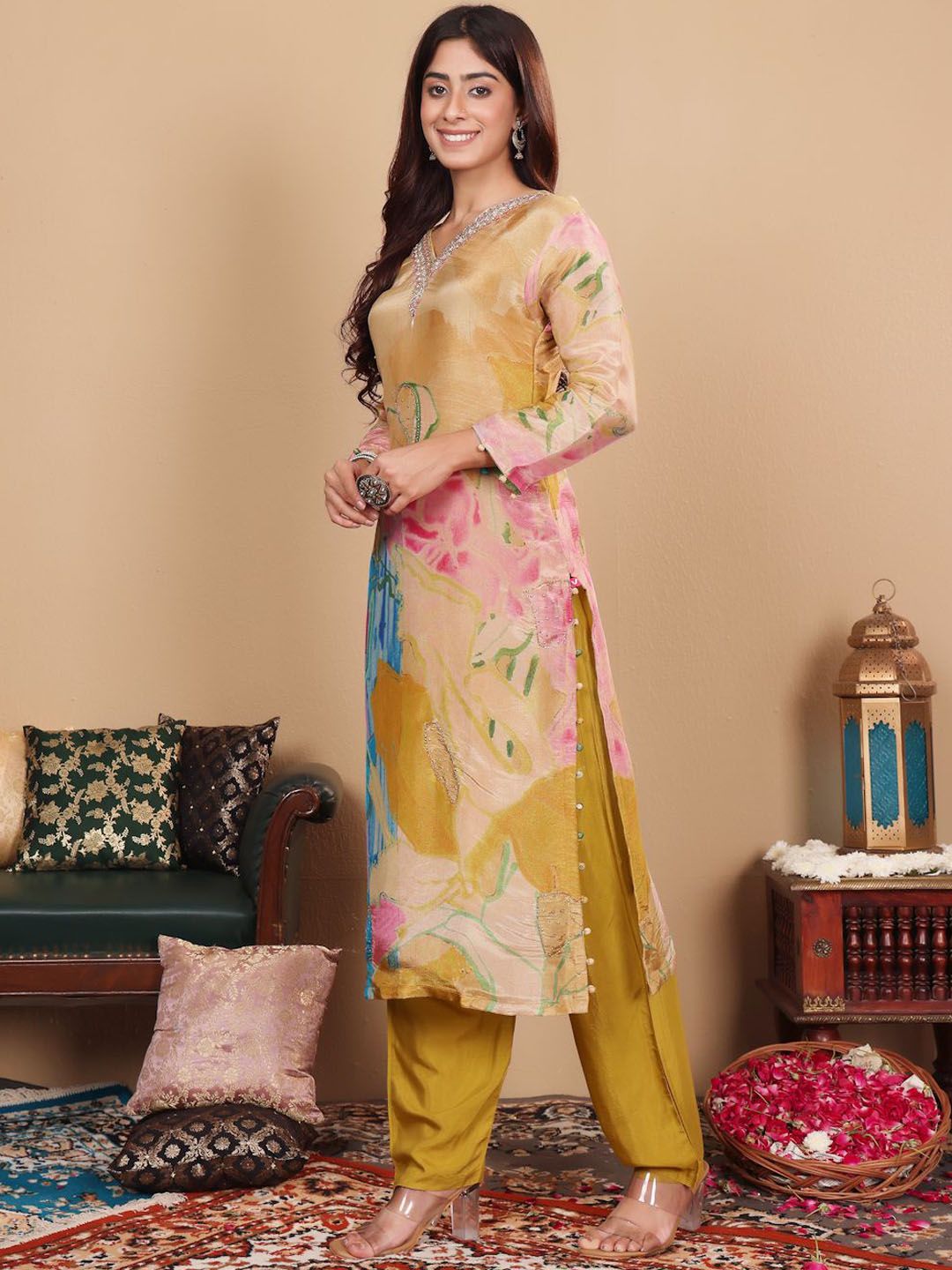 Dhiyona VA Floral Embroidered Pure Silk Straight Kurta with Palazzos & With Dupatta
