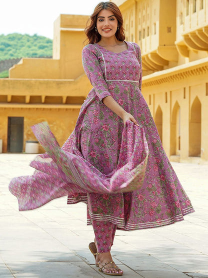 Dhiyona KL Floral Printed Gotta Patti Pure Cotton Anarkali Kurta With Trousers & Dupatta