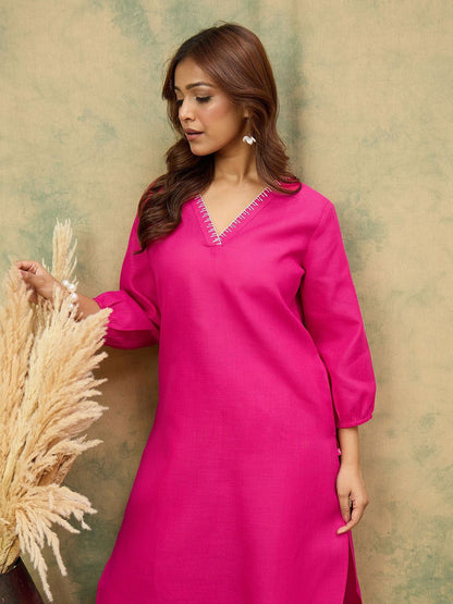 Fuchsia Women Solid Kurta with Trousers