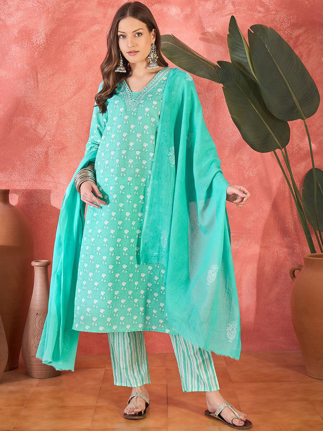 Floral Printed V-Neck Mirror Work Pure Cotton Straight Kurta & Trouser & Dupatta