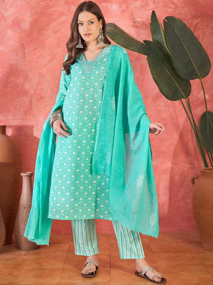 Floral Printed V-Neck Mirror Work Pure Cotton Straight Kurta & Trouser & Dupatta