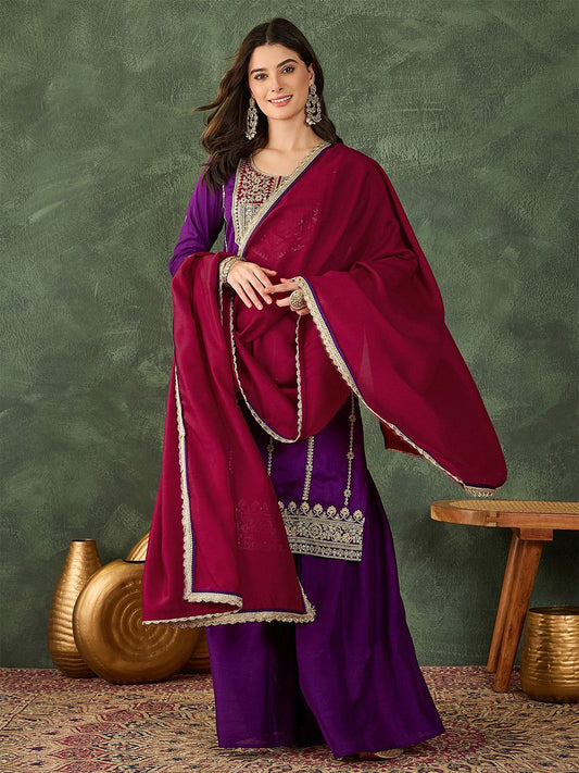 Dhiyona KL Women Ethnic Motifs Embroidered Regular Thread Work Kurta with Palazzos & With Dupatta