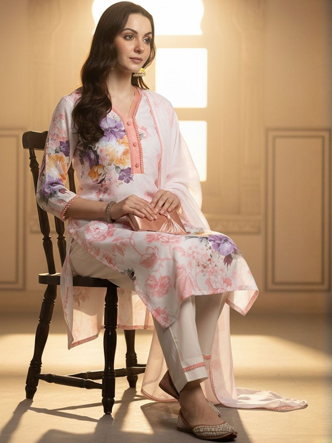 Dhiyona IE Floral Printed Linen Kurta With Trousers & Dupatta