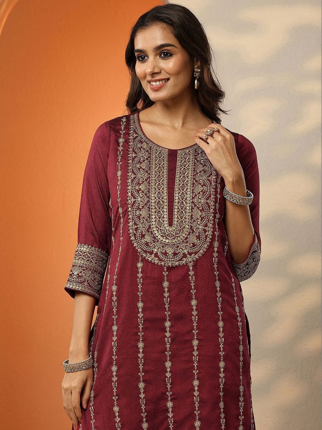 Dhiyona LL Women Ethnic Motifs Embroidered Regular Thread Work Kurta with Sharara & With Dupatta